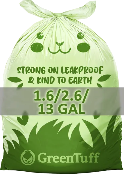 GreenTuff compostable trash bag with a friendly smile